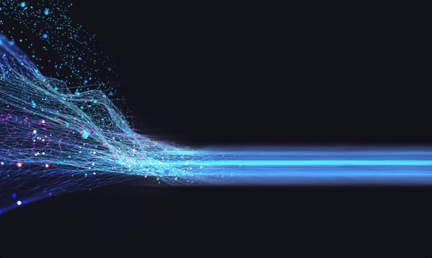 Many fine colored lines converging into a narrow beam of light.